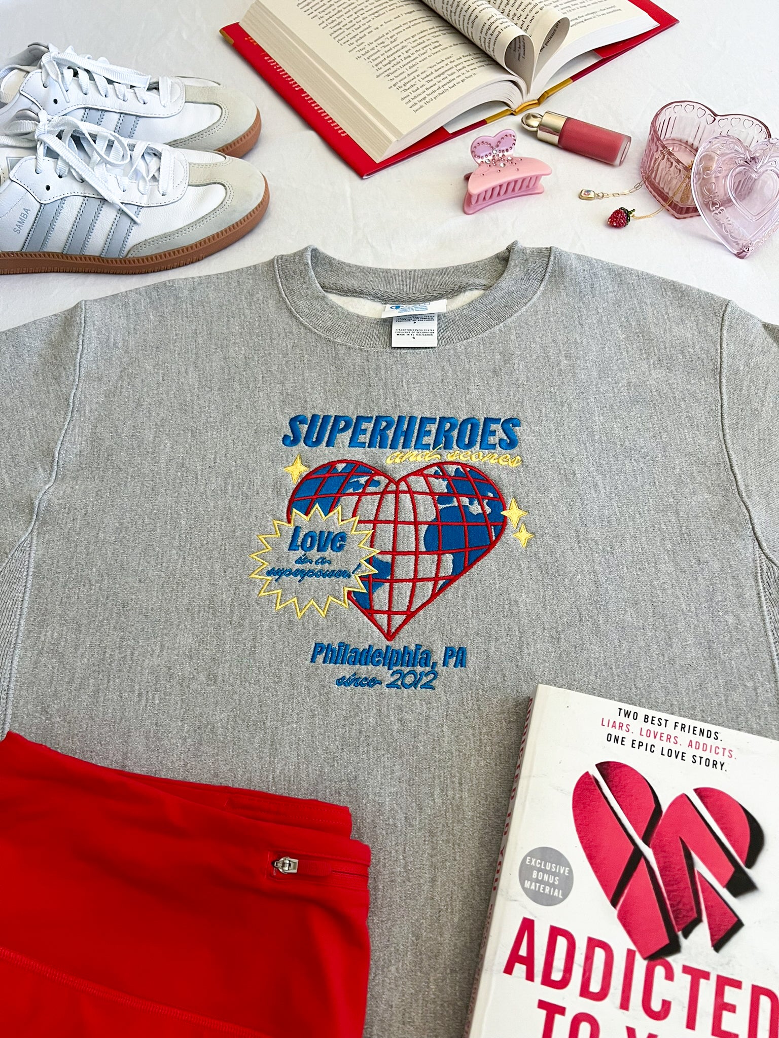 Superheroes and Scones Embroidered Crewneck (Addicted)