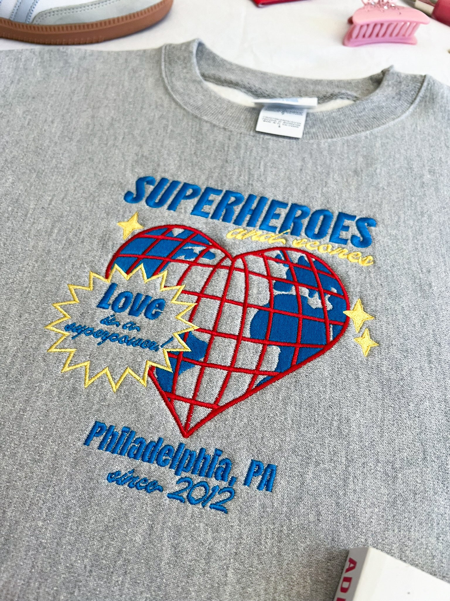 Superheroes and Scones Embroidered Crewneck (Addicted)