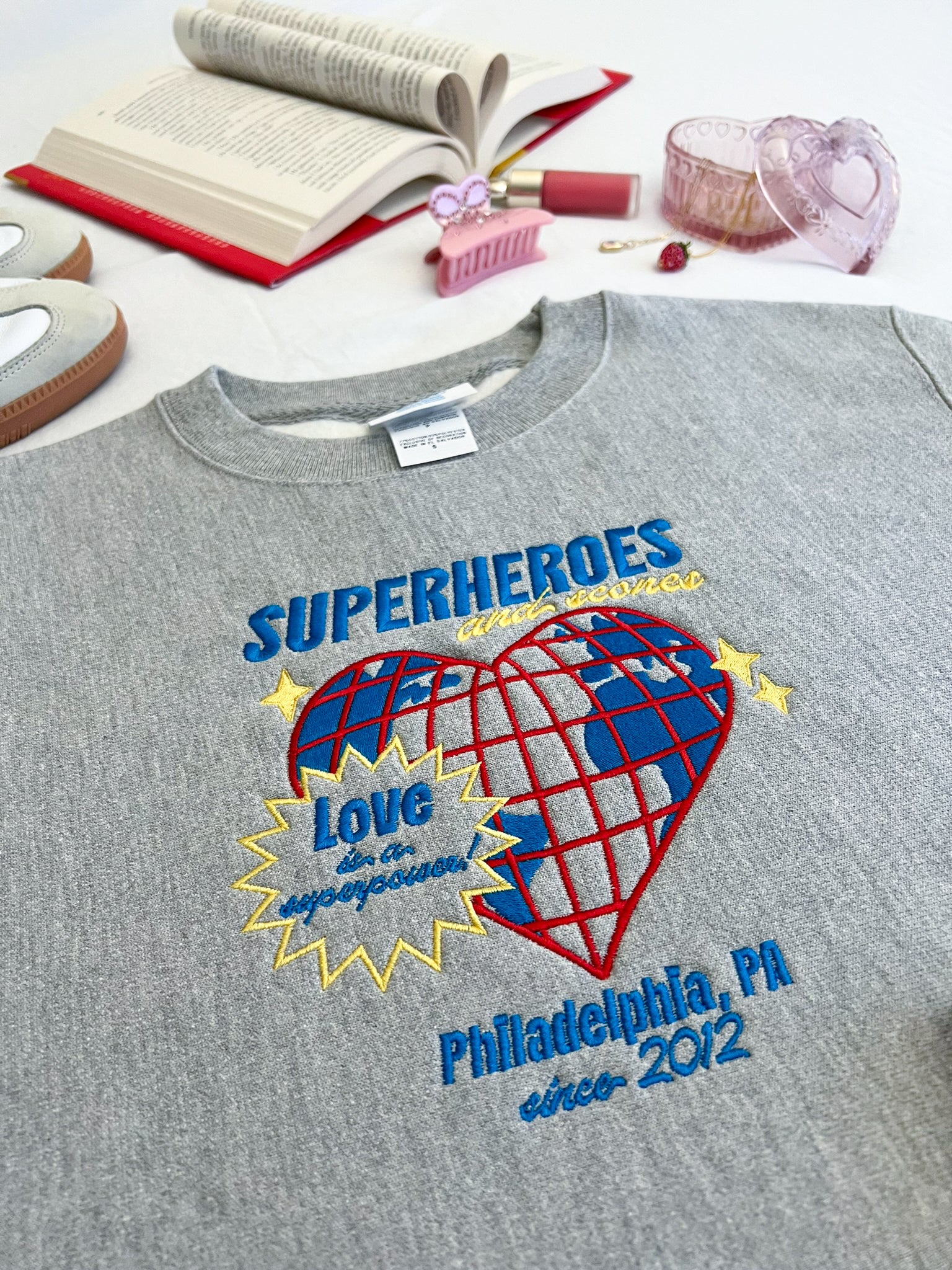Superheroes and Scones Embroidered Crewneck (Addicted)