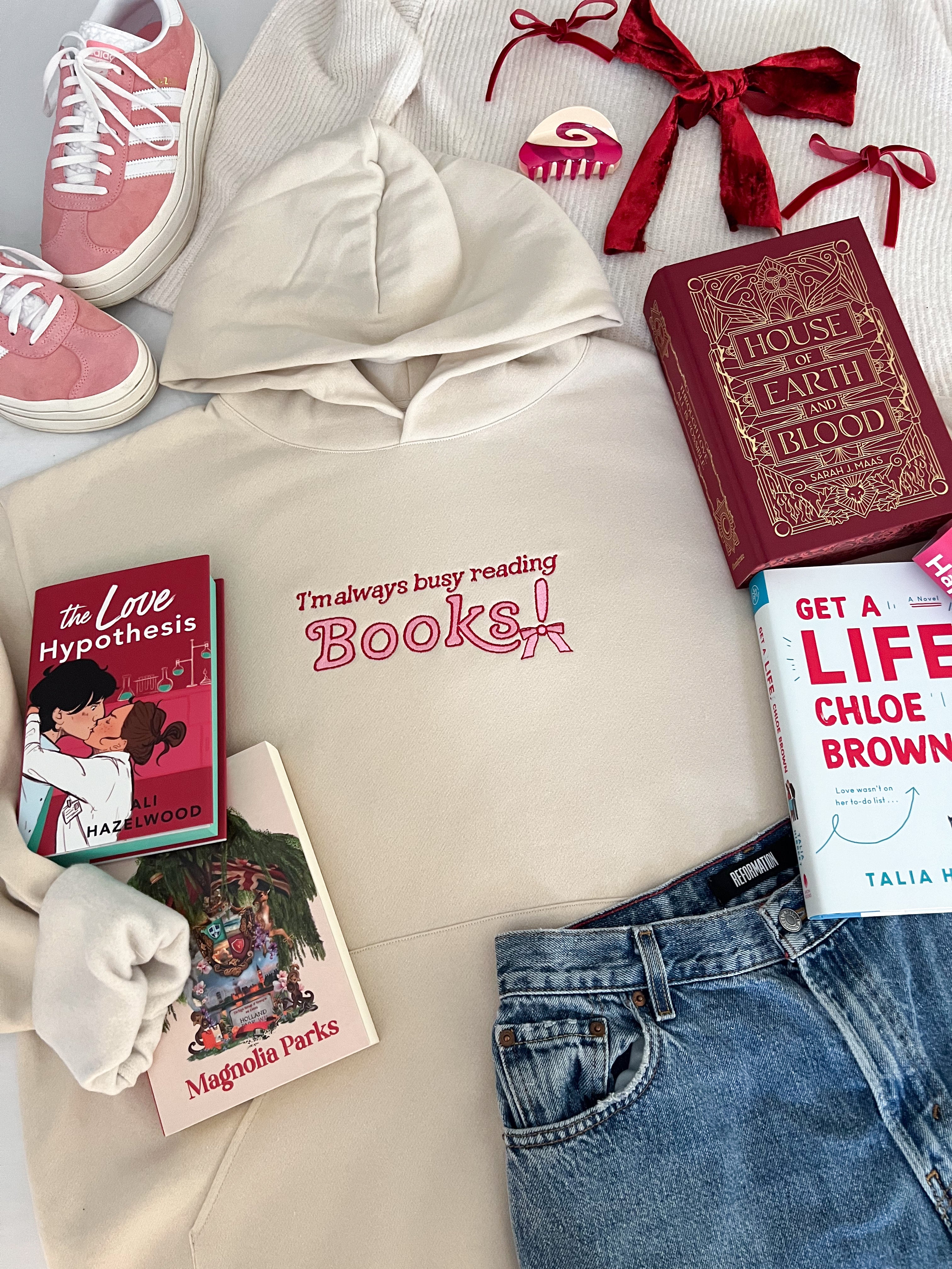 Always Busy Reading Books Embroidered Hoodie