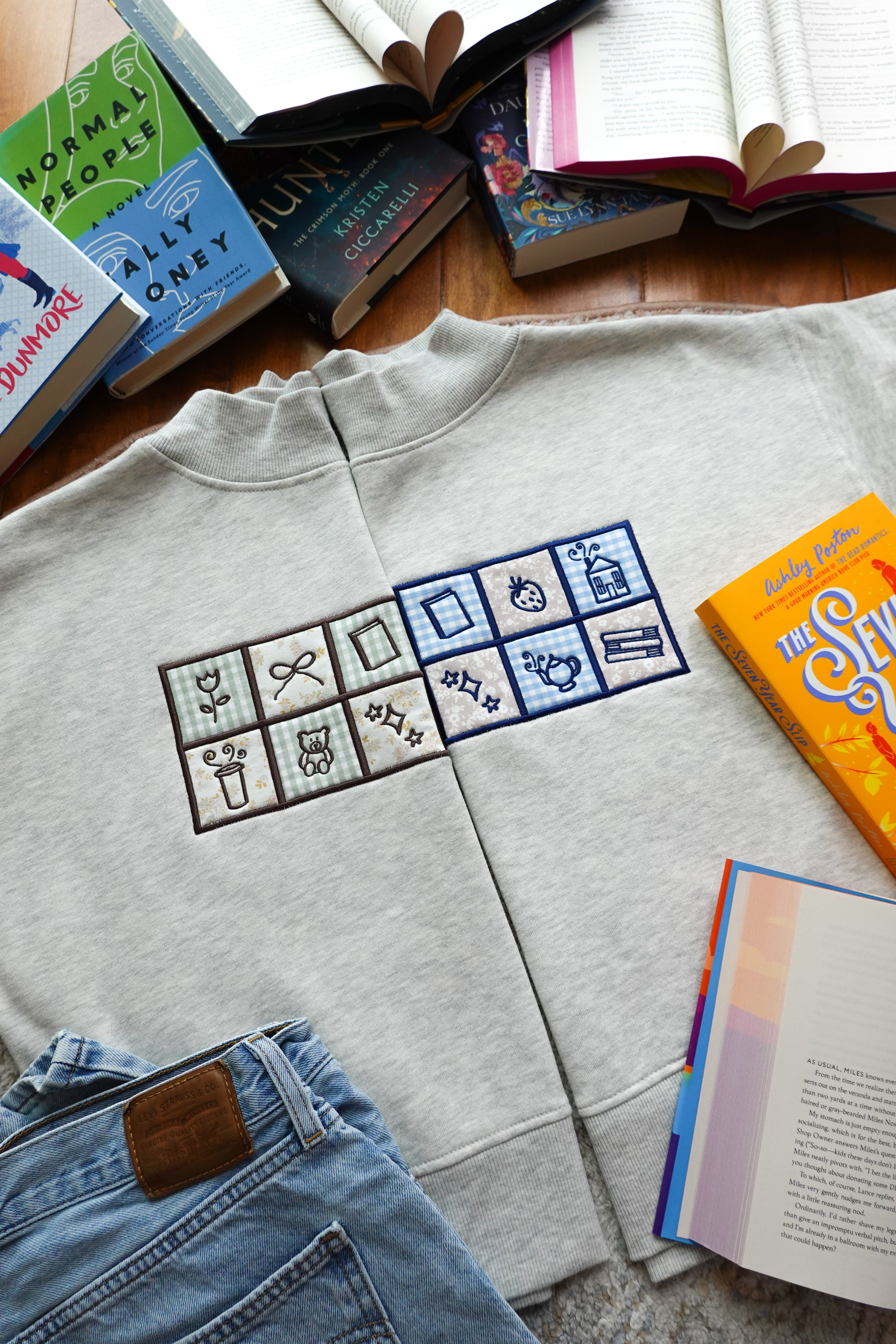 Applique Checkerboard Embroidered Crewneck